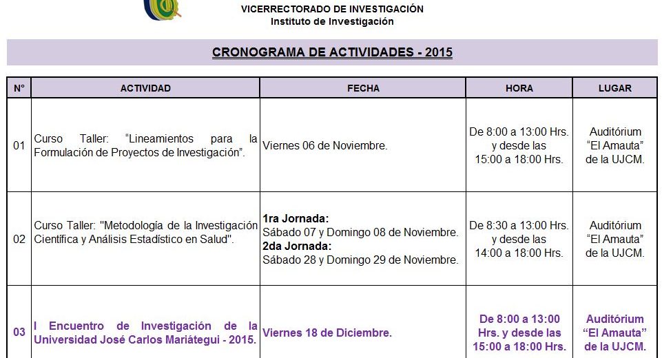 Programa de Actividades VRI 2015 (Noviembre – Diciembre)